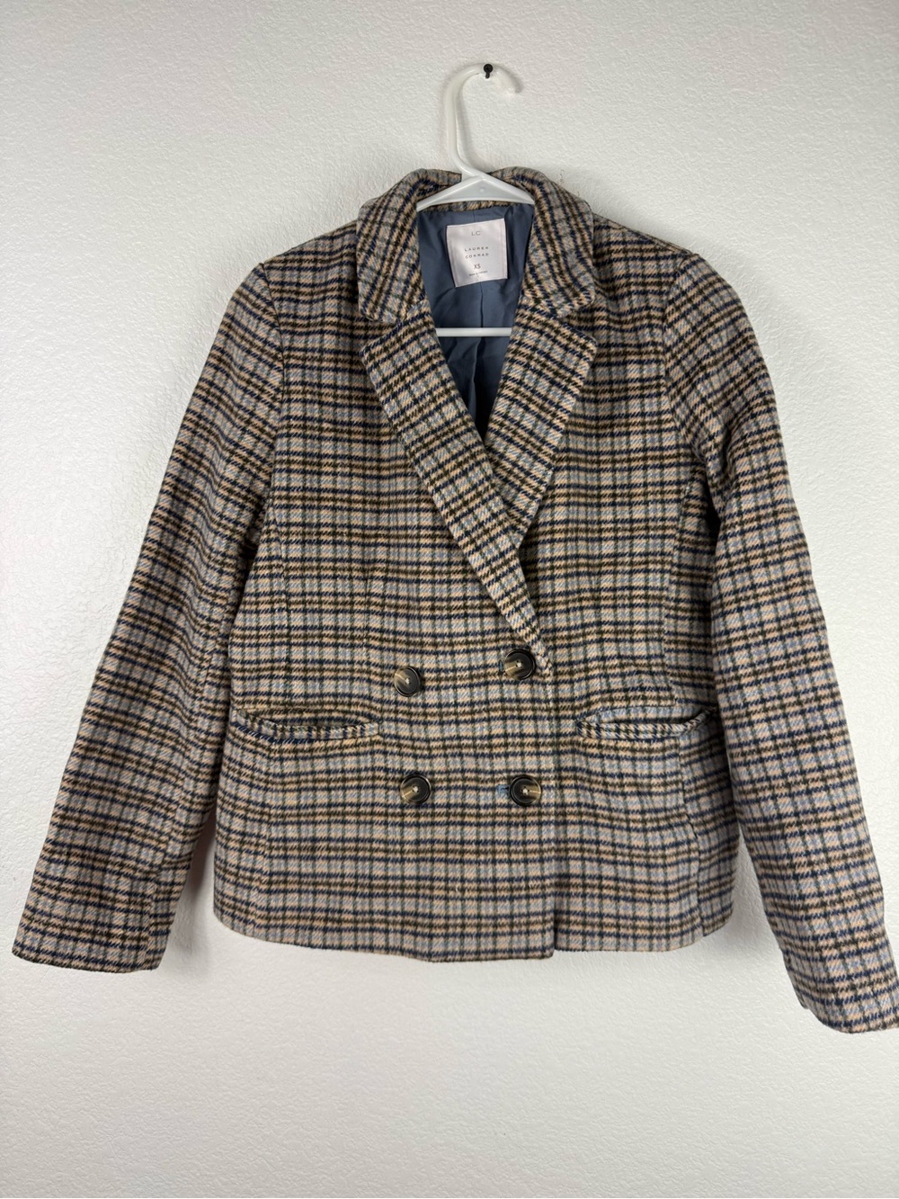 Lauren Conrad Plaid Double-Breasted Women's Coat Neutral Plaid size XS